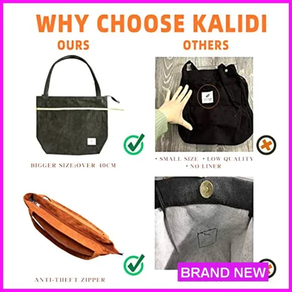 Corduroy Tote Bag Zipper Casual Large Capacity Shoulder Bag with Pockets - Picture 6 of 7